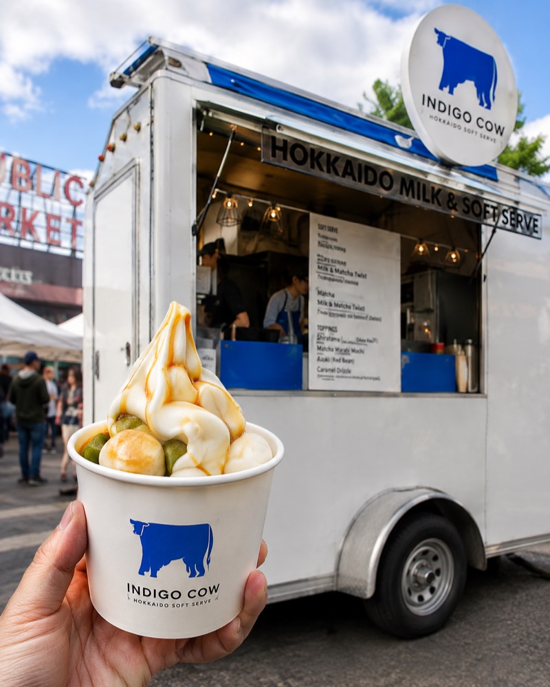 A cup of Hokkaido soft serve held in front of the Indigo Cow trailer