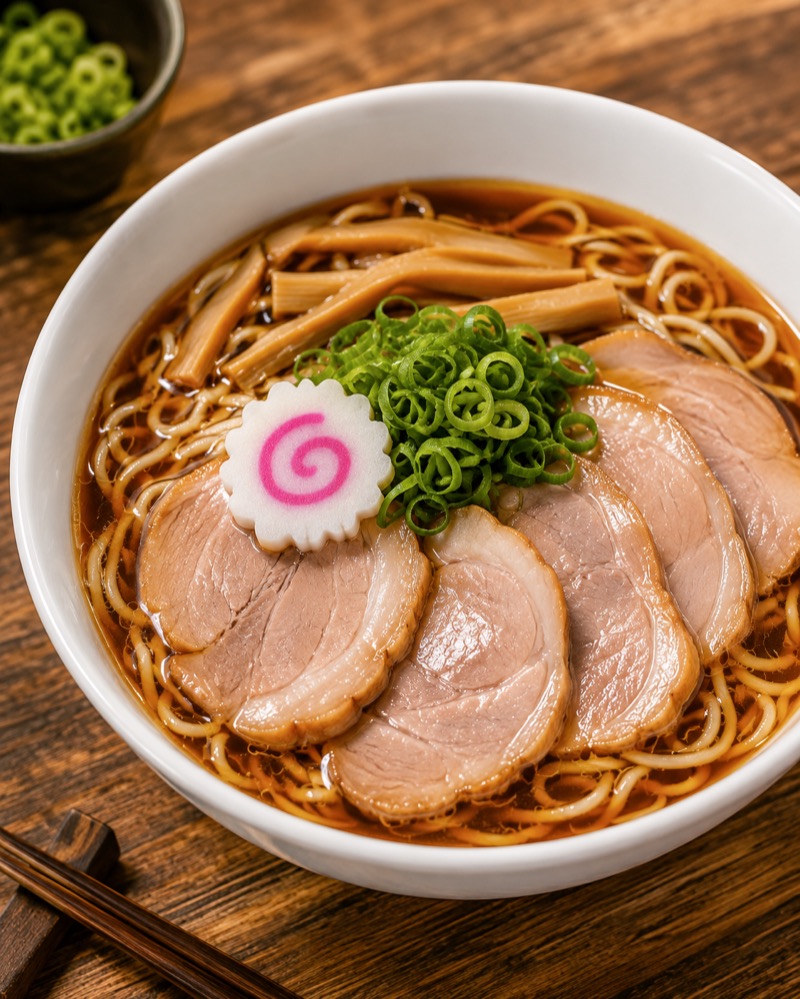 A bowl of KAYAVA. ramen with chashu, narutomaki and scallions