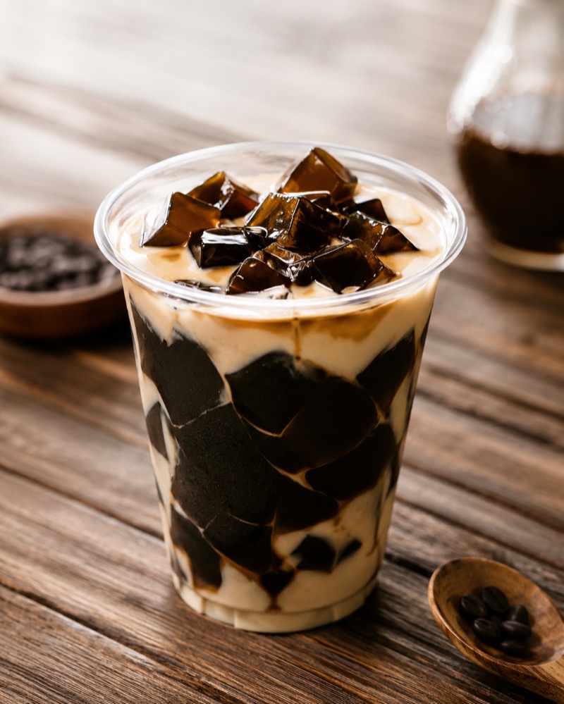 A KOTO jelly coffee: cubes of coffee jelly layered in milk