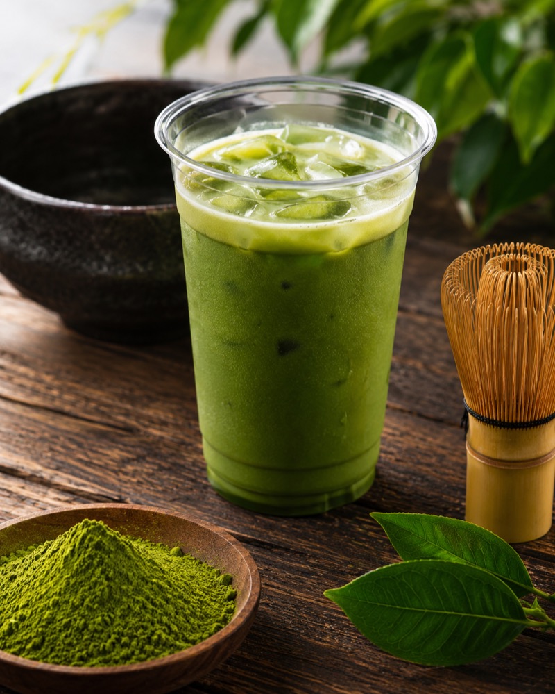 An iced matcha beside a bowl of matcha powder and a bamboo whisk